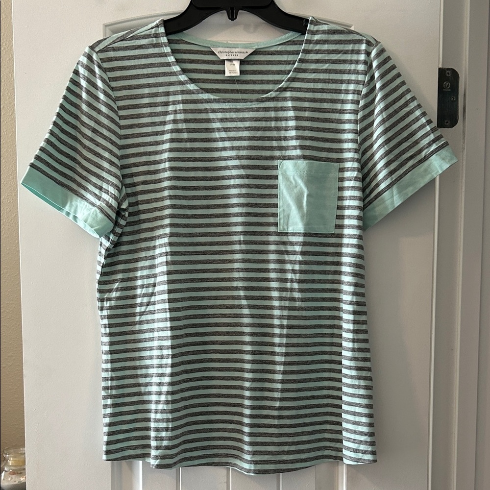 NWT Christopher & Banks petite teal and grey striped t shirt, size P/M